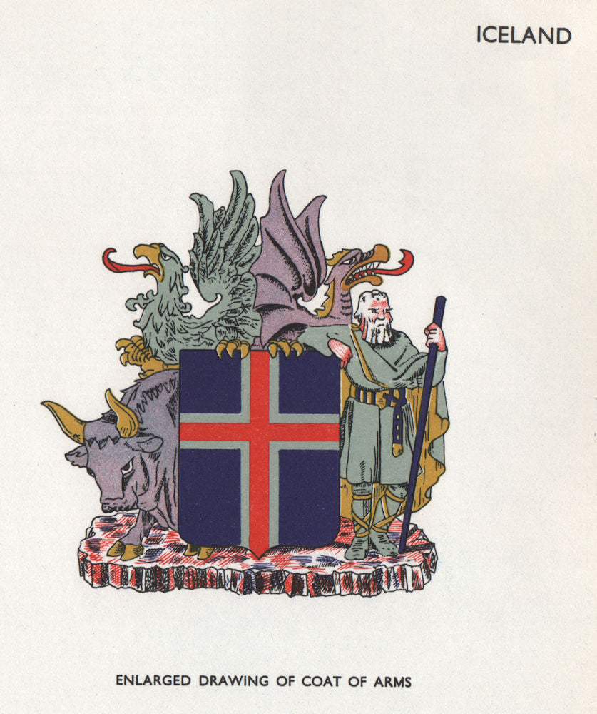 ICELAND FLAGS. Coat of Arms 1958 old vintage print picture